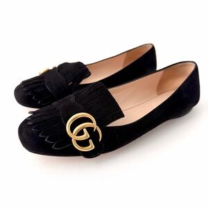 GUCCI | Marmont GG Fringe Suede Ballet Flats Black Gold Logo Size 37
